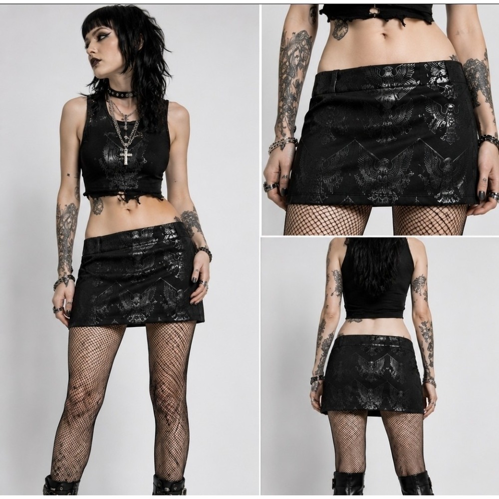 Lip Service Y2K Black Gothic Mini Skirt Womens M Embossed Eagle Punk Goth Rare